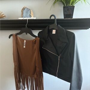 Lot of 2 Girls Black Faux Leather Jacket & Brown Suede Fringe vest